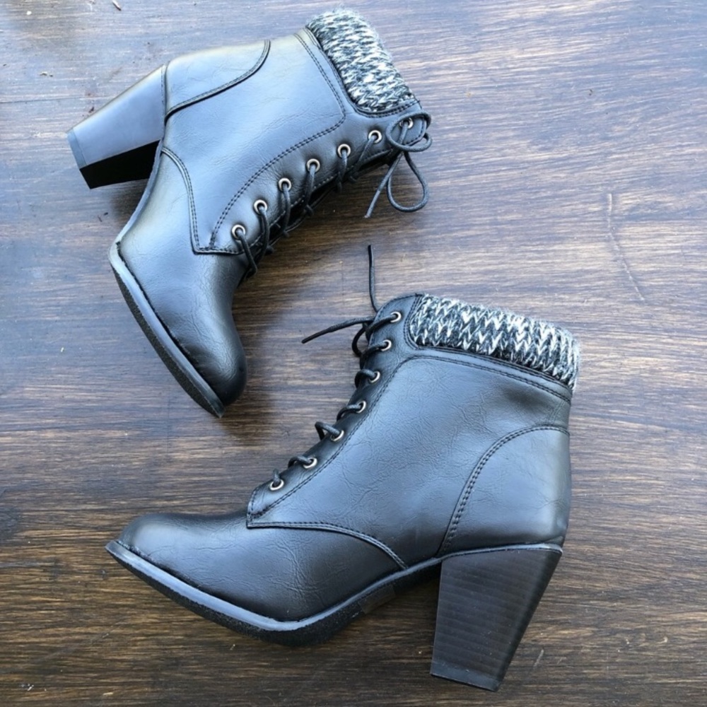 Black Lace Up Combat Bootie Chunky Heel Knit Ankle